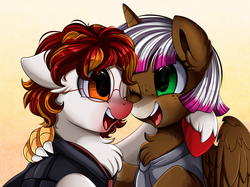 Size: 2379x1783 | Tagged: safe, artist:pridark, oc, oc only, oc:aiya, oc:damien runner, hippogriff, hybrid, pony, aiyanner, bust, chest fluff, claw, commission, female, friends, horn, male, one eye closed, portrait, wings