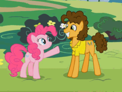 Size: 640x480 | Tagged: safe, screencap, cheese sandwich, pinkie pie, earth pony, pony, g4, pinkie pride, animated, clothes, cropped, female, gif, grin, happy, hooves, jumping, male, mare, shipping fuel, shirt, smiling, stallion