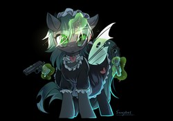 Size: 1280x896 | Tagged: safe, artist:swaybat, oc, oc only, oc:weiba, changeling, pony, black background, clothes, female, glowing horn, gun, handgun, horn, levitation, looking at you, magic, maid, mare, pistol, simple background, solo, telekinesis, weapon