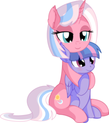 Size: 6684x7517 | Tagged: safe, artist:cyanlightning, clear sky, wind sprint, pegasus, pony, unicorn, common ground, g4, .svg available, absurd resolution, blushing, clothes, cute, duo, ear fluff, female, filly, folded wings, hug, lidded eyes, like mother like daughter, like parent like child, mare, mother and child, mother and daughter, scarf, simple background, smiling, transparent background, vector, wings