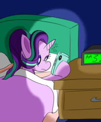Size: 1500x1800 | Tagged: safe, artist:notadeliciouspotato, starlight glimmer, pony, unicorn, g4, alarm clock, bed, blanket, cellphone, clock, female, mare, night, nightstand, phone, pillow, smartphone, solo, tired
