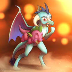 Size: 2000x2000 | Tagged: safe, artist:ohemo, princess ember, spike, dragon, g4, angry, atg 2019, clenched fist, dragoness, duo, eyes closed, female, gritted teeth, high res, male, newbie artist training grounds, smiling, wingless spike