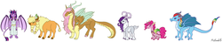 Size: 7849x1500 | Tagged: safe, artist:misskanabelle, applejack, fluttershy, pinkie pie, rainbow dash, rarity, twilight sparkle, bison, buffalo, changedling, changeling, deer, draconequus, dragon, gargoyle, reindeer, g4, alternate universe, antlers, changedlingified, changelingified, clothes, cloven hooves, colored hooves, context in description, deerified, doe, draconequified, dragoness, dragonified, dress, female, flutterequus, mane six, mare, rainbow dragon, rarideer, reindeerified, signature, simple background, species swap, story included, white background