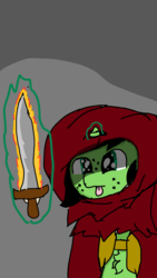 Size: 1440x2560 | Tagged: safe, artist:scotch, oc, oc:filly anon, pony, cave, chest fluff, cloak, clothes, female, filly, flaming sword, sword, tongue out, weapon