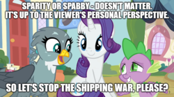 Size: 888x499 | Tagged: safe, edit, edited screencap, screencap, gabby, rarity, spike, dragon, griffon, pony, unicorn, dragon dropped, g4, caption, female, image macro, love and tolerance, male, meme, opinion, perspective, ship:spabby, ship:sparity, shipping, shipping war, spike gets all the mares, straight, text, text edit, winged spike, wings