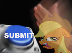 Size: 600x446 | Tagged: safe, artist:anonymous, applejack, earth pony, pony, g4, button, derp face, female, floppy ears, mare, meme, meme origin, nut button, solo