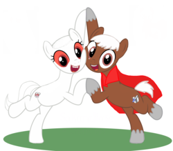 Size: 4680x4106 | Tagged: safe, artist:volcanicdash, oc, oc:fang, oc:ikeldre, pony, series:memebusters, best friends, cape, clothes, duo, fangs, holding hooves, looking at you, platonic, smiling