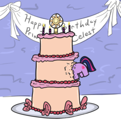 Size: 552x570 | Tagged: safe, artist:jargon scott, twilight sparkle, pony, unicorn, g4, banner, birthday cake, cake, candle, eating, everything is ruined, female, food, happy birthday, mare, mispelled names, solo, this will end in weight gain, twiggie, twiggy piggy, we couldn't fit it all in, welcome princess celest