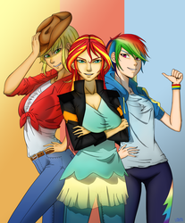 Size: 2665x3211 | Tagged: safe, artist:rittaruzira, applejack, rainbow dash, sunset shimmer, human, equestria girls, g4, my little pony equestria girls: better together, clothes, cowboy hat, crossed arms, equestria girls outfit, hat, high res, human coloration, pants, stetson