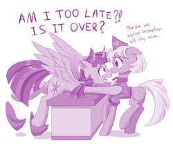 Size: 1280x1098 | Tagged: safe, artist:dstears, twilight sparkle, alicorn, earth pony, pony, g4, clothes, counter, dialogue, female, hair physics, mane physics, mare, monochrome, slippers, spread wings, stressed, talking, the hayburger, twilight sparkle (alicorn), twilighting, uniform, wings