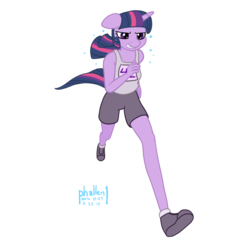 Size: 1000x1000 | Tagged: safe, artist:phallen1, twilight sparkle, anthro, plantigrade anthro, g4, 42, atg 2019, clothes, female, newbie artist training grounds, perspective, running, shoes, simple background, solo, sweat, transparent background