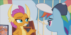 Size: 1232x616 | Tagged: safe, screencap, rainbow dash, smolder, dragon, pegasus, pony, 2 4 6 greaaat, g4, claws, coach, coach rainbow dash, duo, fangs, female, folded wings, hat, horns, mare, raised eyebrow, wings