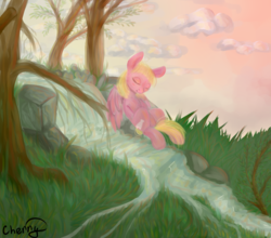Size: 2404x2116 | Tagged: safe, artist:cherry, oc, oc only, oc:sweet-treat, pegasus, pony, cloud, female, high res, river, solo, stream, tree, tree branch, waterfall
