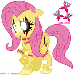 Size: 1046x1072 | Tagged: safe, artist:paolahedgehog, fluttershy, pony, g4, black sclera, cheeselegs, corrupted, fangs, glowing eyes, scar, torn ear