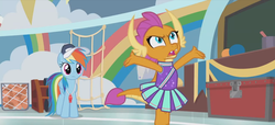 Size: 1298x592 | Tagged: safe, screencap, rainbow dash, smolder, dragon, pegasus, pony, 2 4 6 greaaat, g4, angry, arms in the air, cheerleader, cheerleader outfit, cheerleader smolder, claws, clothes, coach, coach rainbow dash, coaching cap, coaching whistle, complaining, confused, dragoness, duo, fangs, female, folded wings, frown, gym, horns, looking up, mare, multicolored mane, multicolored tail, rant, skirt, slit pupils, smolder is not amused, teacher and student, teenaged dragon, teenager, whistle necklace