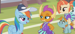 Size: 1298x588 | Tagged: safe, screencap, lighthoof, rainbow dash, shimmy shake, smolder, snips, dragon, pegasus, pony, unicorn, 2 4 6 greaaat, g4, bucktooth, cheerleader, cheerleader outfit, cheerleader smolder, clothes, coach rainbow dash, coaching cap, colt, dragoness, eyeshadow, fangs, female, foal, folded wings, frown, hand on hip, horns, lidded eyes, makeup, male, mare, multicolored mane, multicolored tail, pom pom, ponytail, raised eyebrow, smiling, smirk, talking, teacher and student, teenaged dragon, teenager, whistle necklace
