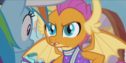 Size: 1299x653 | Tagged: safe, screencap, ocellus, rainbow dash, smolder, changedling, changeling, dragon, pony, 2 4 6 greaaat, g4, angry, cheerleader, cheerleader outfit, cheerleader smolder, clothes, coach rainbow dash, dragoness, female, mare, rage, smolder is not amused