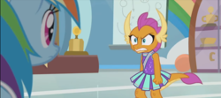Size: 1287x572 | Tagged: safe, screencap, rainbow dash, smolder, dragon, pony, 2 4 6 greaaat, g4, angry, brat, cheerleader, cheerleader outfit, cheerleader smolder, clenched fist, clothes, coach rainbow dash, dragoness, duo, fangs, female, fist, folded wings, furious, gritted teeth, horns, imminent rage, mare, rage, shrunken pupils, smolder is not amused, teenager, unamused, wings