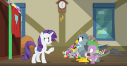 Size: 1346x693 | Tagged: safe, screencap, gabby, rarity, spike, dragon, griffon, pony, unicorn, dragon dropped, g4, food, ice cream, winged spike, wings