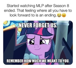 Size: 710x629 | Tagged: safe, edit, edited screencap, screencap, twilight sparkle, alicorn, pony, g4, the beginning of the end, bronybait, crying, emoji, end of ponies, feels, female, impact font, mare, meme, positive ponies, sad smile, solo, twilight sparkle (alicorn)