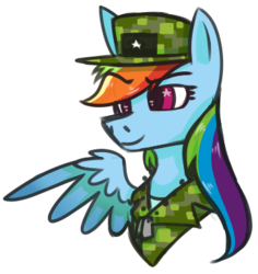 Size: 361x383 | Tagged: safe, artist:star-dragon005, rainbow dash, pegasus, pony, g4, bust, camouflage, cap, dog tags, eyebrows, eyebrows visible through hair, female, gift art, hat, mare, military uniform, one wing out, simple background, smiling, solo, starry eyes, transparent background, wingding eyes, wings