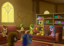 Size: 4000x2900 | Tagged: safe, artist:emeraldgalaxy, fluttershy, oc, earth pony, pegasus, pony, unicorn, fallout equestria, g4, book, bookshelf, colt, couch, fanfic, fanfic art, female, filly, foal, high res, hooves, indoors, library, male, mare, ministry mares, open mouth, raised hoof, sitting, window, wings