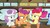 Size: 1280x720 | Tagged: safe, screencap, apple bloom, minuette, scootaloo, sweetie belle, earth pony, pegasus, pony, unicorn, g4, twilight time, burger, cutie mark crusaders, drink, female, filly, food, french fries, hay fries, looking at each other, restaurant, soda, straw, table, window
