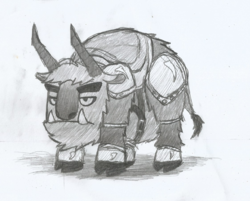 Size: 1123x901 | Tagged: safe, artist:newman134, bison, buffalo, pony, cloven hooves, fangs, grayscale, horns, minecraft, mob, monochrome, ponified, ravager (minecraft), solo, thick eyebrows, traditional art