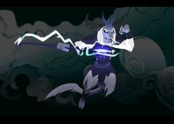 Size: 1024x728 | Tagged: safe, artist:lady-kiitsune, storm king, yeti, g4, my little pony: the movie, antagonist, armor, cloud, crown, dark background, evil grin, glowing, grin, horns, jewelry, lightning, male, regalia, smiling, solo, staff, staff of sacanas, storm king's emblem