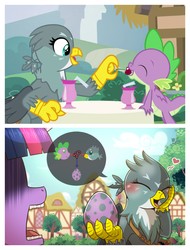Size: 3106x4096 | Tagged: safe, artist:vavacung, edit, edited screencap, screencap, gabby, spike, twilight sparkle, alicorn, dragon, griffon, pony, dragon dropped, g4, blushing, egg, female, heart, interspecies, male, ship:spabby, shipping, straight, that escalated quickly, twilight sparkle (alicorn), winged spike, wings