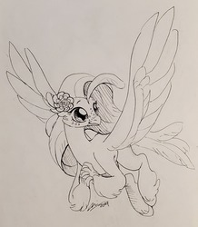 Size: 1280x1470 | Tagged: safe, artist:creeate97, princess skystar, hippogriff, g4, my little pony: the movie, female, flower, flower in hair, flying, grayscale, ink drawing, monochrome, simple background, solo, traditional art, white background