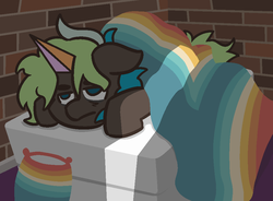 Size: 950x700 | Tagged: safe, artist:threetwotwo32232, oc, oc:bright side, earth pony, pony, bed, female, mare