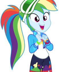 Size: 2763x3375 | Tagged: safe, artist:sketchmcreations, rainbow dash, accountibilibuddies, accountibilibuddies: rainbow dash, equestria girls, g4, my little pony equestria girls: choose your own ending, cute, dashabetes, female, geode of super speed, high res, magical geodes, open mouth, ponytail, simple background, smiling, solo, transparent background, vector, visor