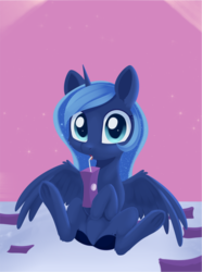 Size: 1175x1577 | Tagged: safe, artist:dusthiel, princess luna, alicorn, pony, g4, atg 2019, drinking, female, juice, juice box, looking at you, newbie artist training grounds, sitting, solo