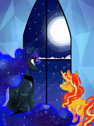 Size: 1280x1707 | Tagged: safe, artist:puffpink, princess luna, sunset shimmer, alicorn, pony, unicorn, g4, duo, fanfic, fanfic art, fanfic cover, moon, snow