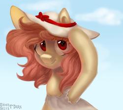 Size: 1500x1349 | Tagged: safe, artist:enderselyatdark, oc, oc only, oc:selya t'dark, pony, rcf community, bust, clothes, cottagecore, cute, dress, female, hat, looking at you, outdoors, portrait, red eyes, sky, smiling, solo, sun hat, sundress, three quarter view