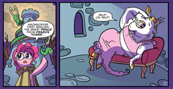 Size: 1954x1011 | Tagged: safe, artist:kate sherron, idw, official comic, bulk biceps, pinkie pie, dragon, pony, g4, spoiler:comic, spoiler:comic80, comic, couch, crossdressing, dragon tower, dungeon master, eyes closed, female, male, mare, speech bubble, stallion, tower