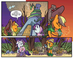 Size: 1936x1542 | Tagged: safe, artist:kate sherron, idw, official comic, applejack, rarity, bird, dragon, earth pony, pony, rabbit, raccoon, serpent, squirrel, unicorn, g4, spoiler:comic, spoiler:comic80, animal, cleric, clothes, coils, comic, dragon tower, fantasy class, female, mare, one eye closed, ranger, saddle bag, speech bubble, tower, whistling