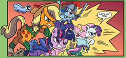 Size: 2019x939 | Tagged: safe, artist:kate sherron, idw, official comic, applejack, fluttershy, rainbow dash, rarity, twilight sparkle, bird, earth pony, pegasus, pony, raccoon, unicorn, g4, spoiler:comic, spoiler:comic80, adventuring party, cleric, clothes, fantasy class, female, fighter, larp, mage, mare, orange background, ranger, rogue, simple background, speech bubble, thief, trace