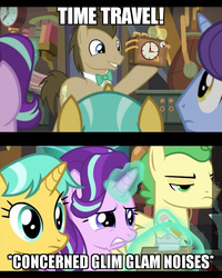 Size: 640x800 | Tagged: safe, edit, edited screencap, screencap, citrine spark, doctor whooves, fire quacker, huckleberry, november rain, starlight glimmer, time turner, earth pony, pegasus, pony, unicorn, a horse shoe-in, g4, clipboard, clock, concerned, descriptive noise, field trip, friendship student, glim glam, glowing horn, horn, horse noises, levitation, lidded eyes, magic, magic aura, male, pencil, smiling, stallion, telekinesis, text, time travel, time travel glimmer