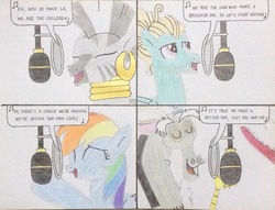 Size: 2805x2148 | Tagged: safe, artist:don2602, discord, rainbow dash, zecora, zephyr breeze, draconequus, pegasus, pony, zebra, comic:g4 we are the world, g4, end of ponies, eyes closed, high res, looking up, microphone, raised hoof, recording, song reference, traditional art, we are the world