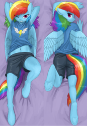 Size: 415x599 | Tagged: safe, artist:the-minuscule-task, rainbow dash, pegasus, anthro, unguligrade anthro, g4, arm behind head, ass, belly button, body pillow, body pillow design, butt, clothes, cute, dashabetes, female, looking at you, lying down, on back, one eye closed, sexy, shirt, shorts, solo, t-shirt, wink