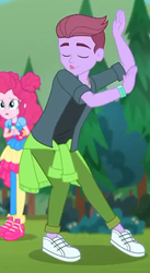 Size: 366x668 | Tagged: safe, screencap, duke suave, pinkie pie, accountibilibuddies, equestria girls, equestria girls series, g4, spoiler:choose your own ending (season 2), spoiler:eqg series (season 2), background human, clothes, dancing, eyes closed, female, geode of sugar bombs, hair bun, legs, magical geodes, male, pants, pantyhose, shoes, skirt, sneakers