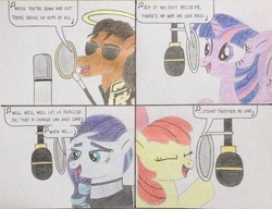 Size: 2811x2158 | Tagged: safe, artist:don2602, apple bloom, coloratura, twilight sparkle, alicorn, earth pony, pony, comic:g4 we are the world, g4, clothes, end of ponies, eyes closed, halo, high res, jacket, michael jackson, microphone, ponified, raised hoof, recording, sunglasses, traditional art, twilight sparkle (alicorn), we are the world