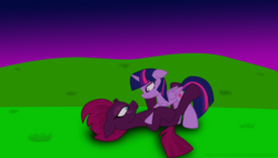 Size: 2385x1356 | Tagged: safe, artist:ejlightning007arts, tempest shadow, twilight sparkle, alicorn, pony, g4, can you feel the love tonight, female, floppy ears, grass, hill, lesbian, looking at each other, lying down, open field, pinned, ship:tempestlight, shipping, sunset, twilight sparkle (alicorn)