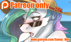 Size: 1672x1000 | Tagged: source needed, useless source url, safe, artist:sunny way, princess celestia, alicorn, anthro, rcf community, g4, advertisement, beach, blushing, female, hat, horn, open mouth, patreon, patreon exclusive, patreon logo, patreon preview, paywall content, solo, sunglasses, sunlight
