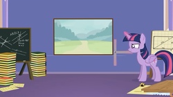 Size: 1536x861 | Tagged: safe, artist:forgalorga, twilight sparkle, alicorn, pony, everypony is strange, g4, book, chalk, chalkboard, crosscut saw, diagram, female, geometry, glowing horn, horn, it came from youtube, levitation, magic, mare, math, measuring, measuring tape, ocd, painting, pencil, saw, t square, telekinesis, twilight sparkle (alicorn), twilight sparkle is not amused, unamused, youtube link
