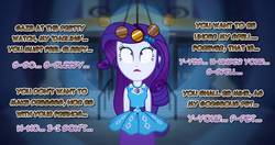 Size: 1231x649 | Tagged: safe, artist:snakeythingy, rarity, equestria girls, equestria girls series, g4, blank expression, clothes, female, geode of shielding, hypnosis, hypnotized, magical geodes, offscreen character, pendulum swing, pocket watch, shrunken pupils, slavery, solo, story included, text, wide eyes