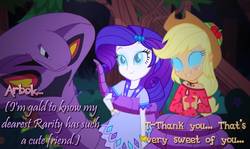 Size: 1156x691 | Tagged: safe, artist:snakeythingy, applejack, rarity, arbok, equestria girls, g4, my little pony equestria girls: legend of everfree, blushing, bracelet, clothes, coiling, coils, cowboy hat, glowing eyes, hat, hypno eyes, hypnosis, hypnotized, jewelry, massage, pokémon, story included, text
