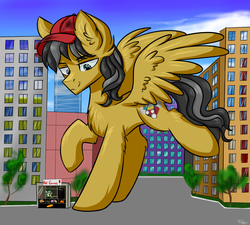 Size: 2000x1800 | Tagged: safe, artist:mysha, oc, oc:small block, pegasus, pony, building, chest fluff, city, giant pony, hat, macro, pegasus oc, smiling, spread wings, tail, tree, two toned mane, two toned tail, wings